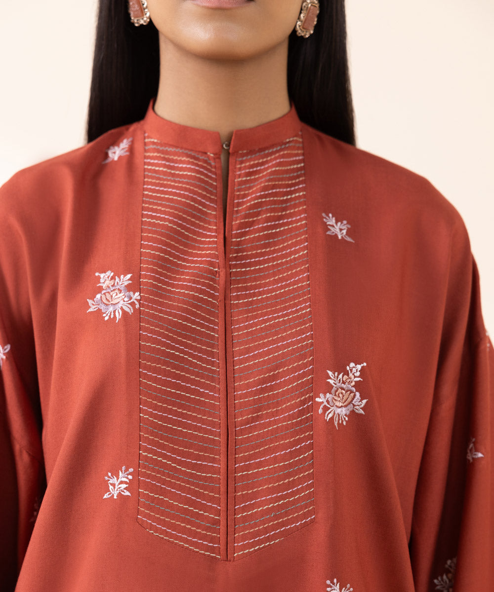 Women's Unstitched Linen Embroidered Red 3 Piece Suit