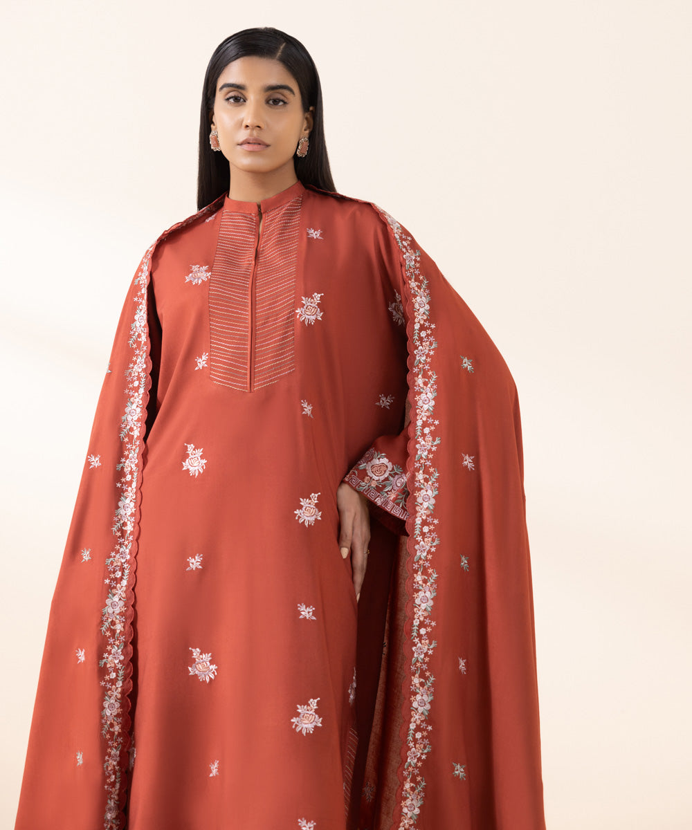 Women's Unstitched Linen Embroidered Red 3 Piece Suit