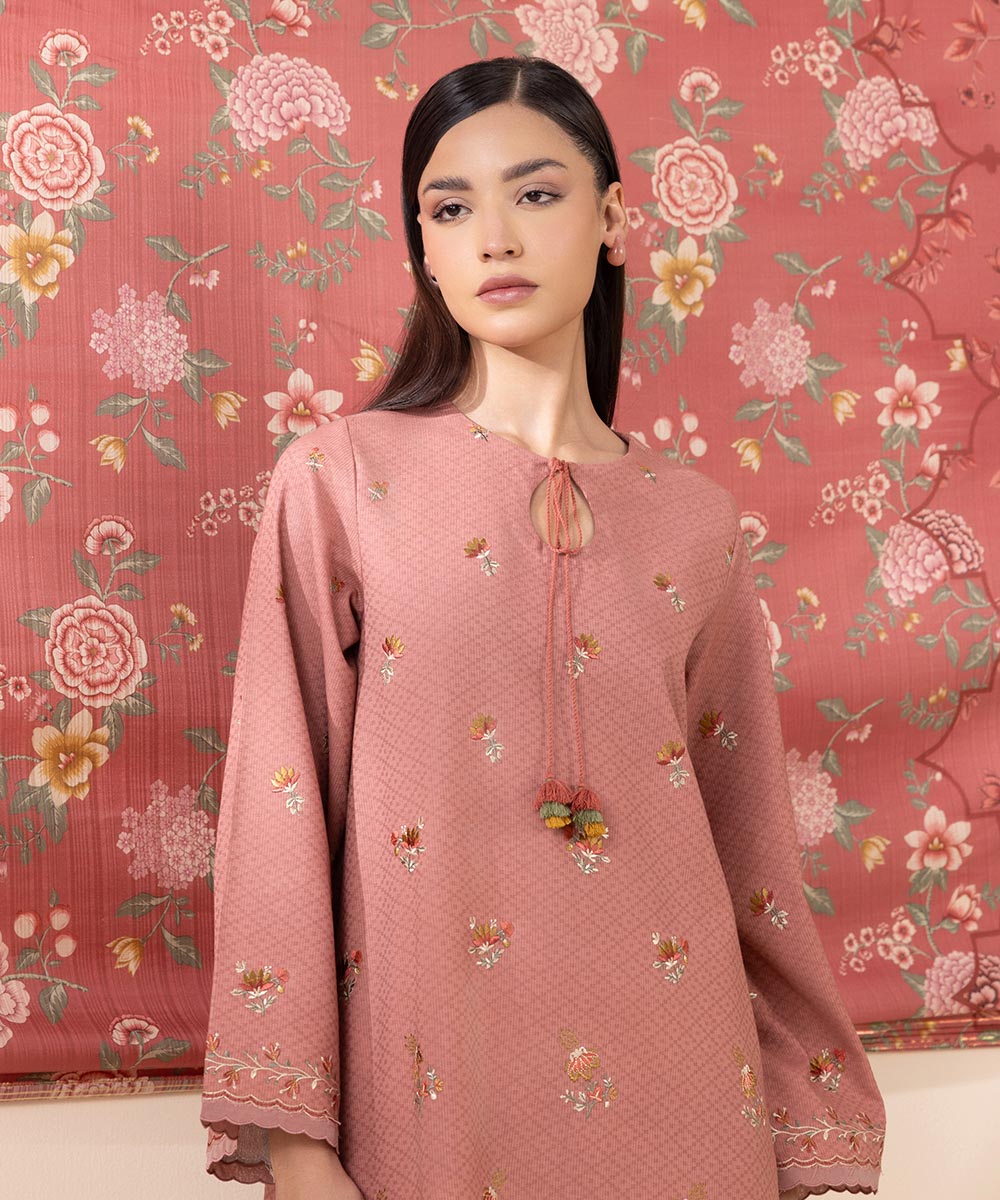 Women's Unstitched Dobby Pink Embroidered 3 Piece Suit