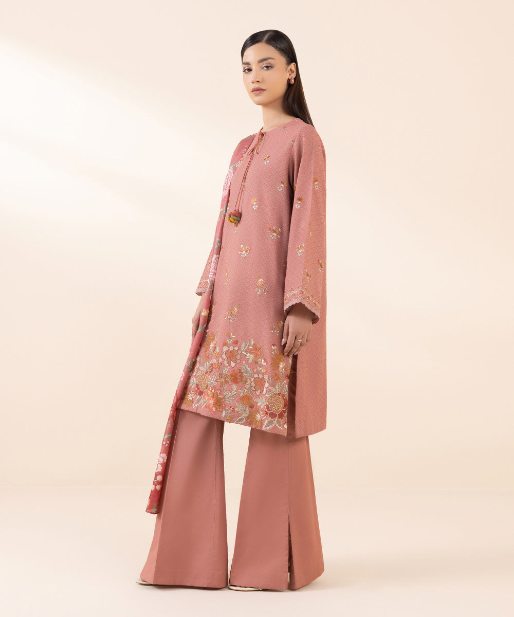 Women's Unstitched Dobby Pink Embroidered 3 Piece Suit