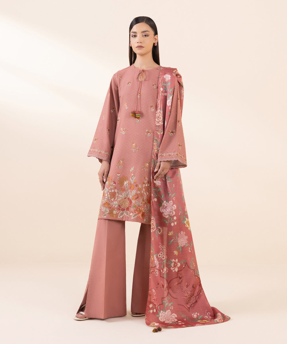 Women's Unstitched Dobby Pink Embroidered 3 Piece Suit