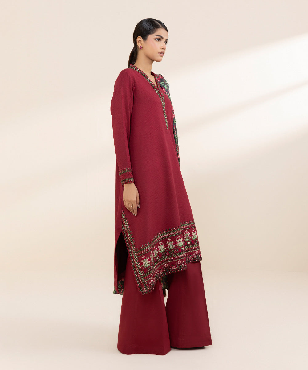 Women's Unstitched Dobby Red Embroidered 3 Piece Suit