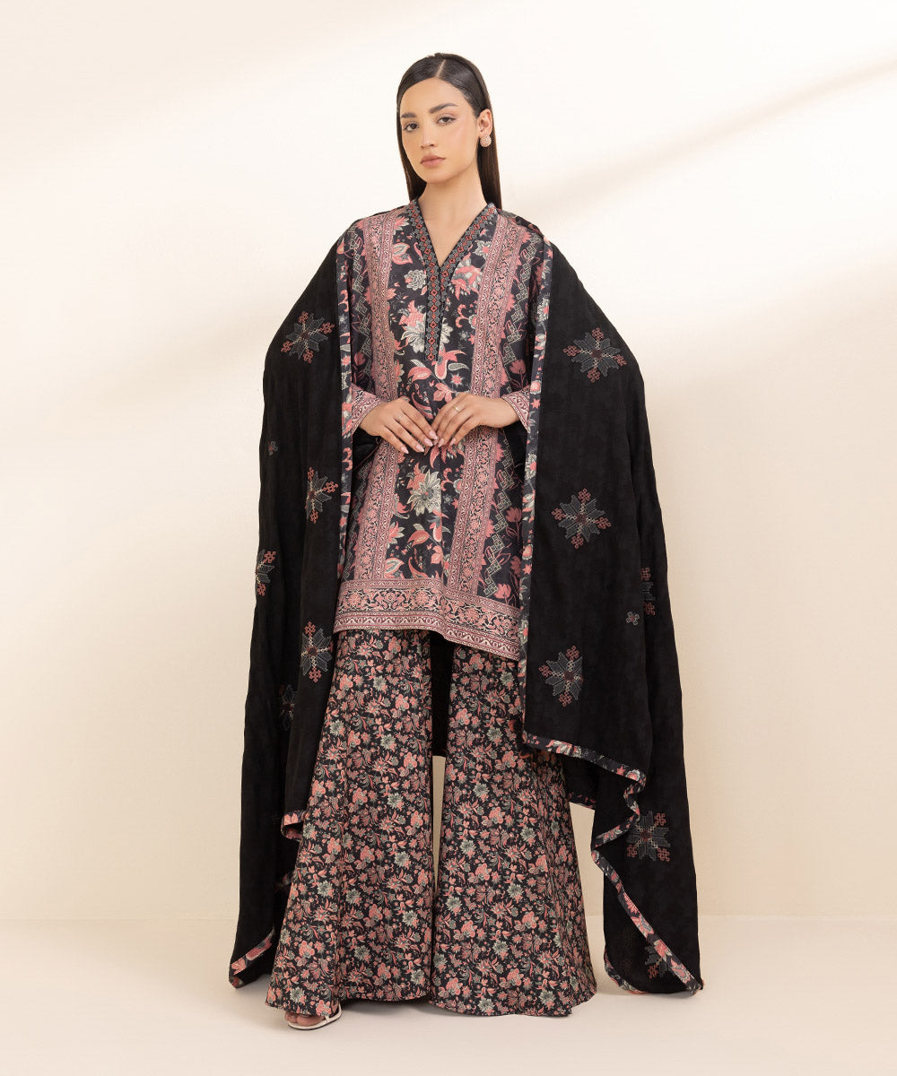 Women's Unstitched Linen Jacquard Multi Embroidered 3 Piece Suit