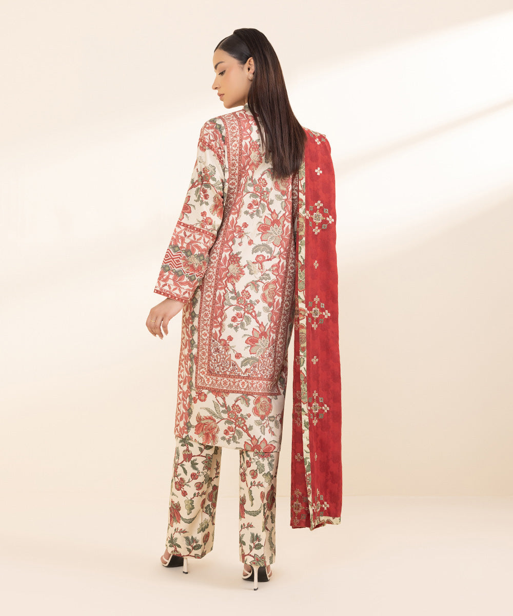 Women's Unstitched Linen Jacquard Multi Embroidered 3 Piece Suit