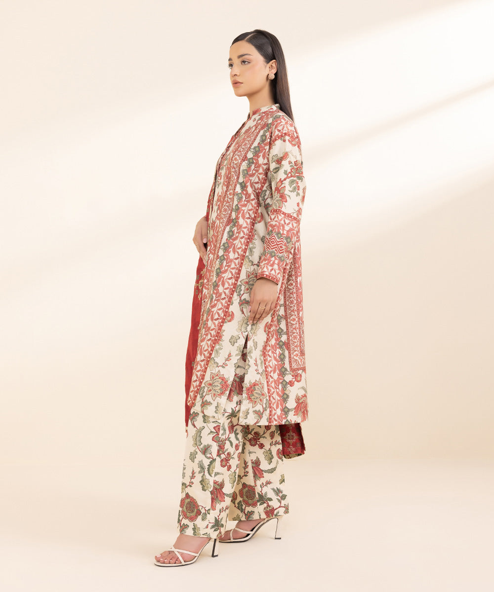 Women's Unstitched Linen Jacquard Multi Embroidered 3 Piece Suit