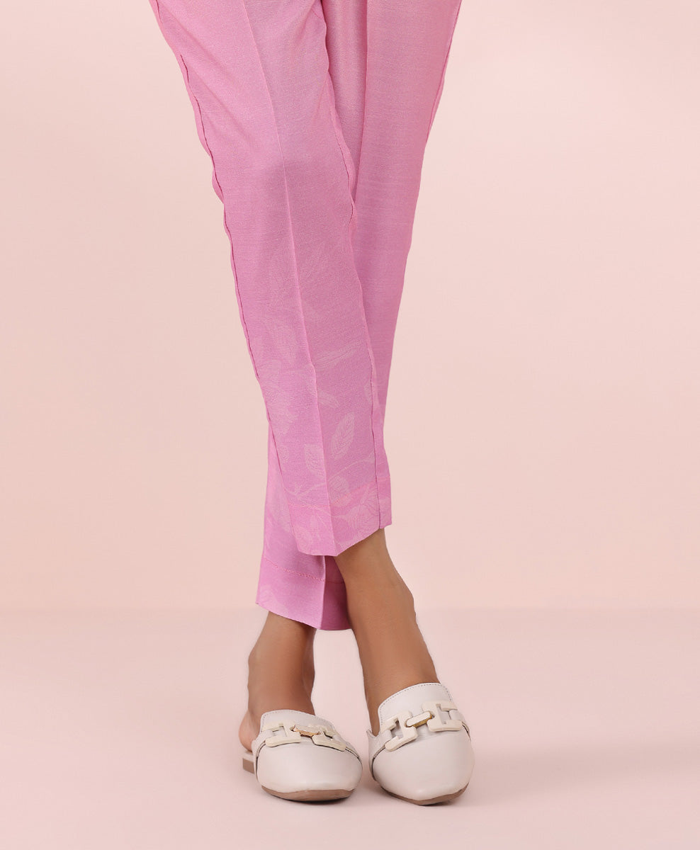 Women's Pret Viscose Raw Silk Pink Printed Cigarette Pants