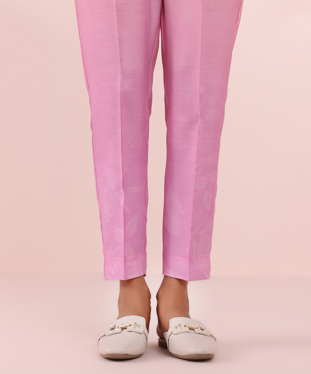 Women's Pret Viscose Raw Silk Pink Printed Cigarette Pants