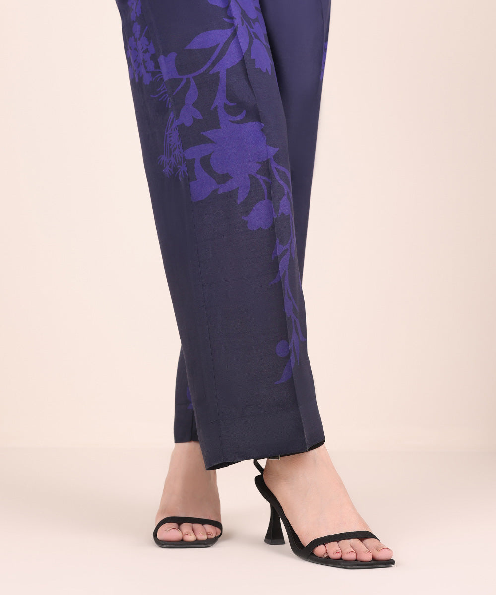 Women's Pret Viscose Raw Silk Blue Printed Straight Pants