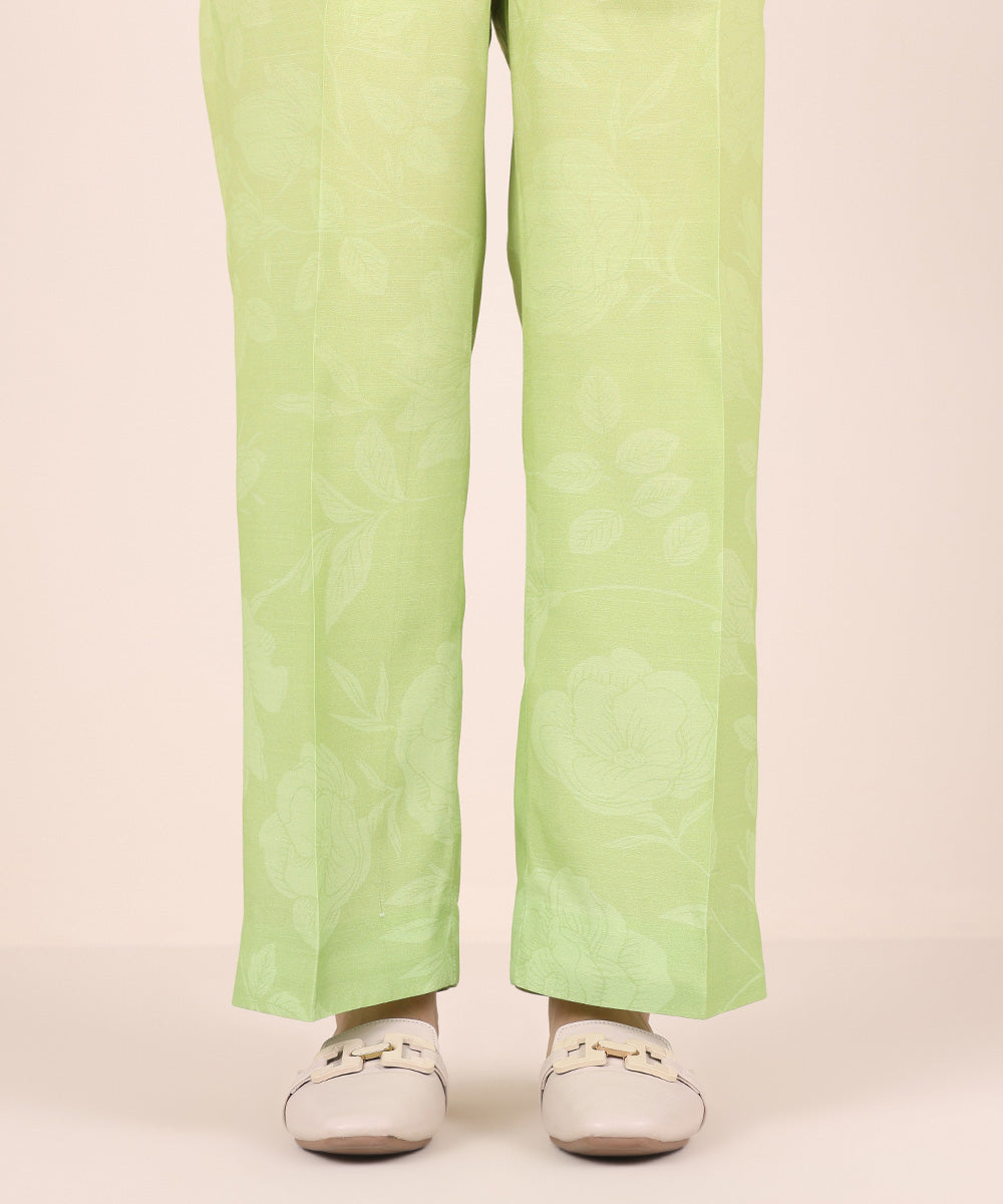 Women's Pret Viscose Raw Silk Green Printed Straight Pants