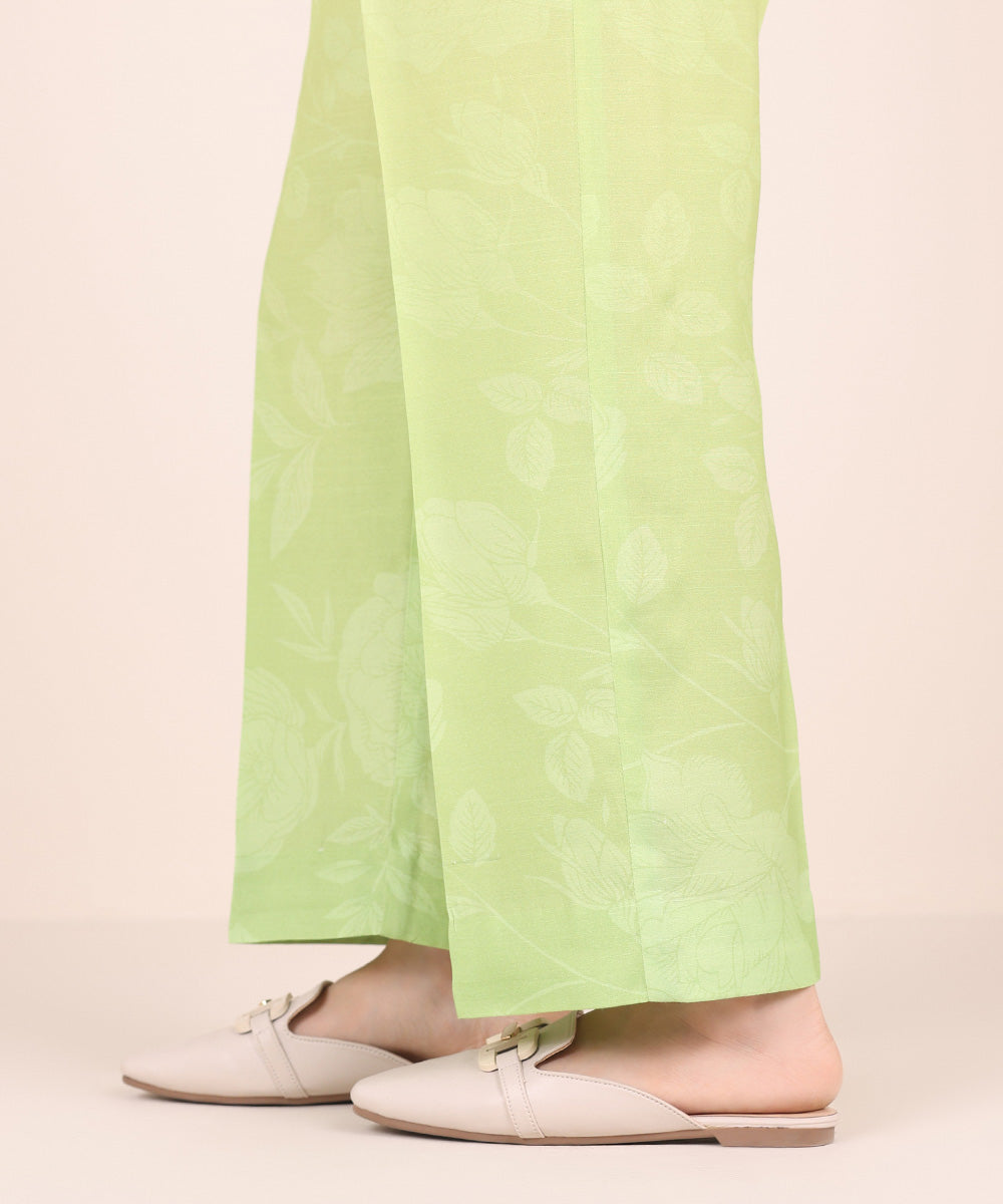 Women's Pret Viscose Raw Silk Green Printed Straight Pants