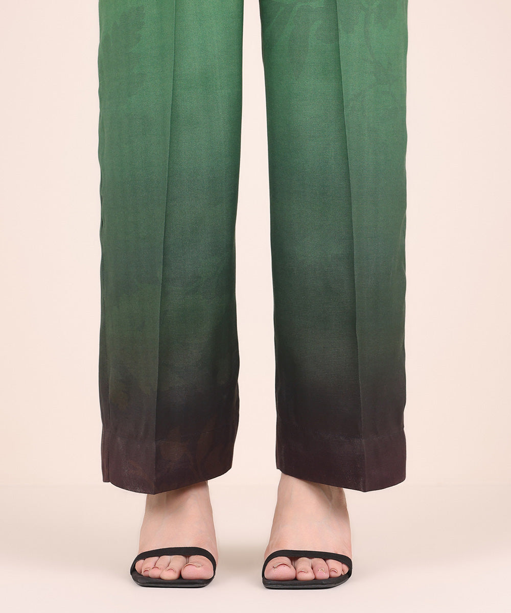 Women's Pret Viscose Raw Silk Green Printed Straight Pants