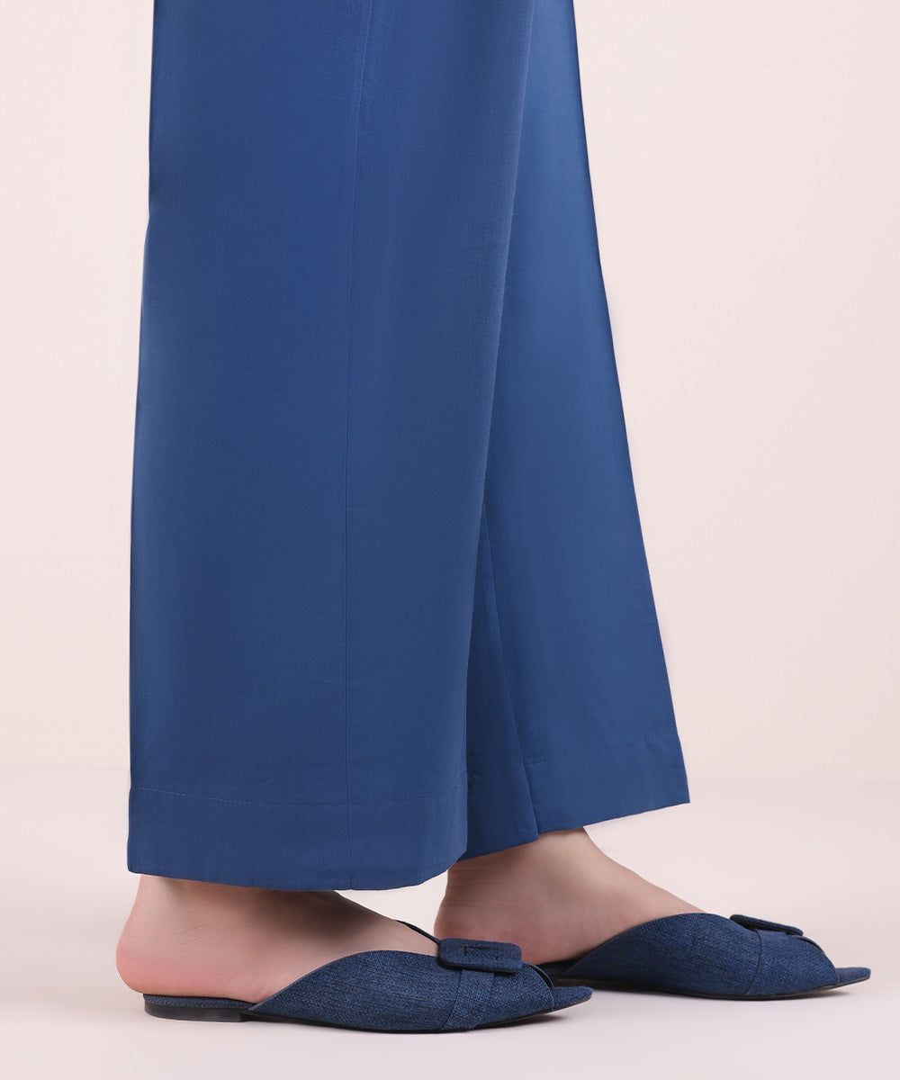 Women's Pret Cotton Viscose Blue Solid Straight Pants