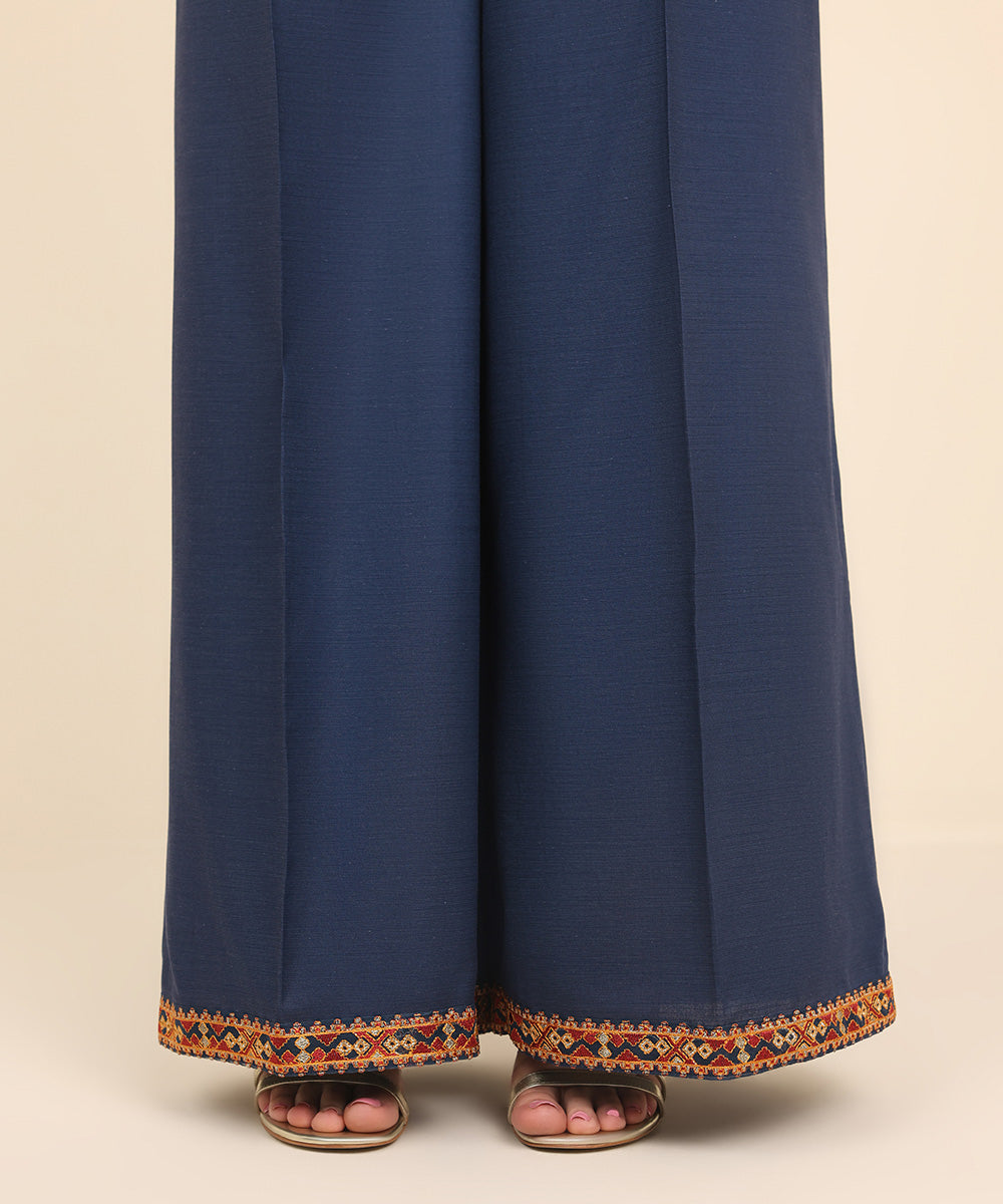 Women's Pret Dull Raw Silk Blue Embroidered Flared Pants