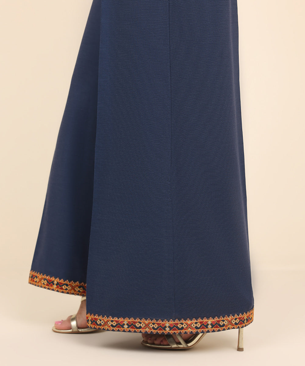 Women's Pret Dull Raw Silk Blue Embroidered Flared Pants