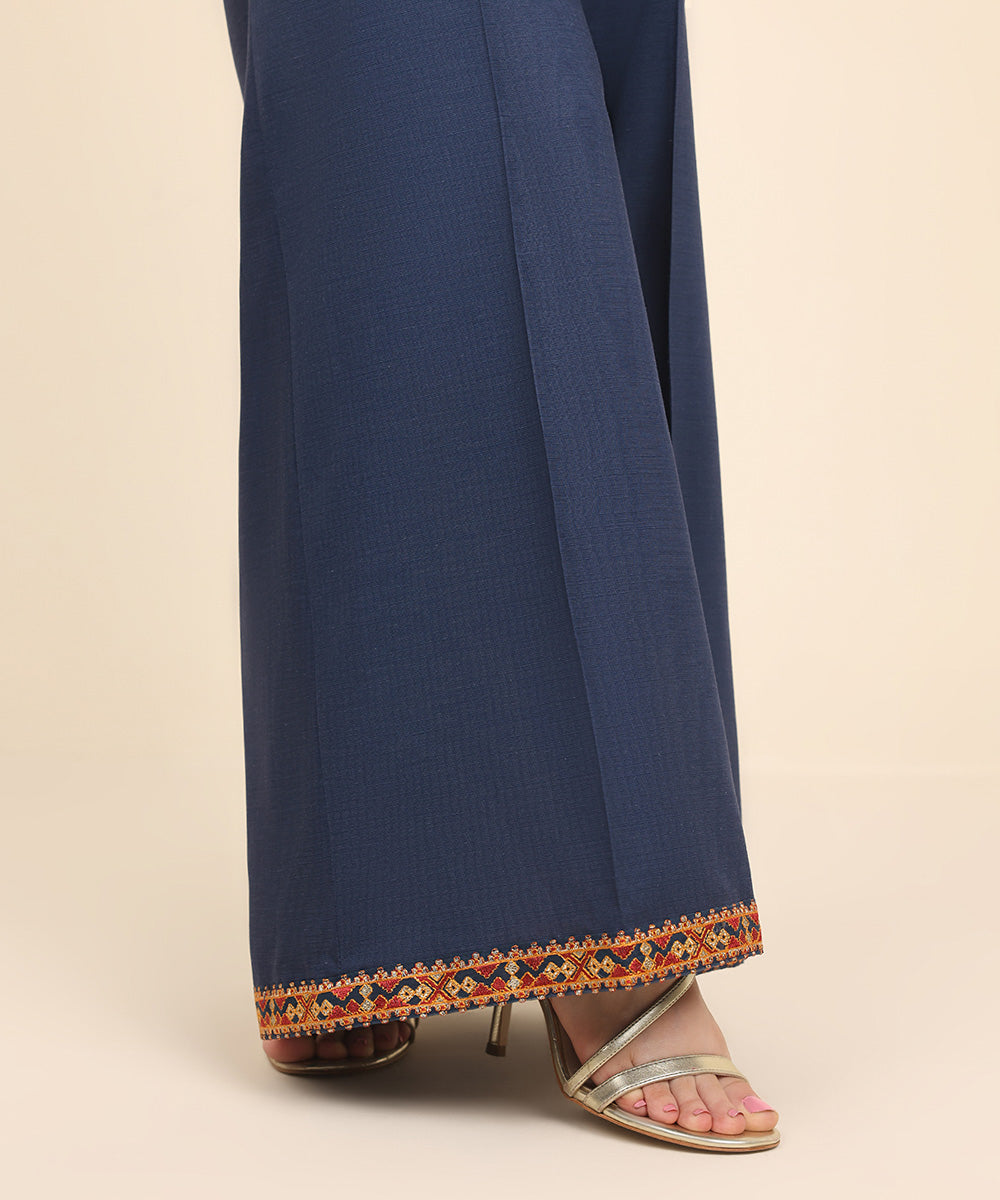 Women's Pret Dull Raw Silk Blue Embroidered Flared Pants