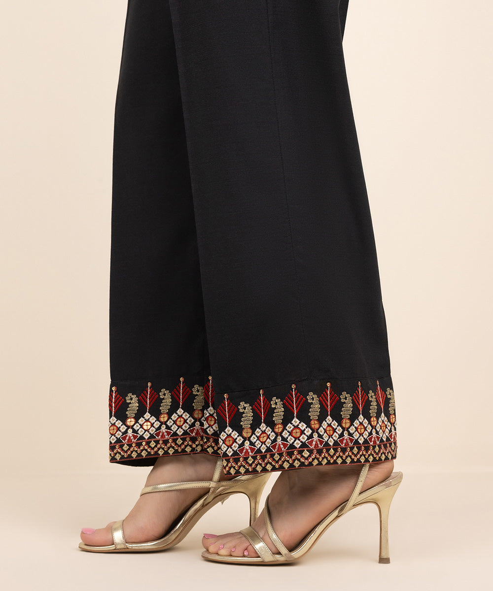 Women's Pret Dull Raw Silk Black Embroidered Straight Pants