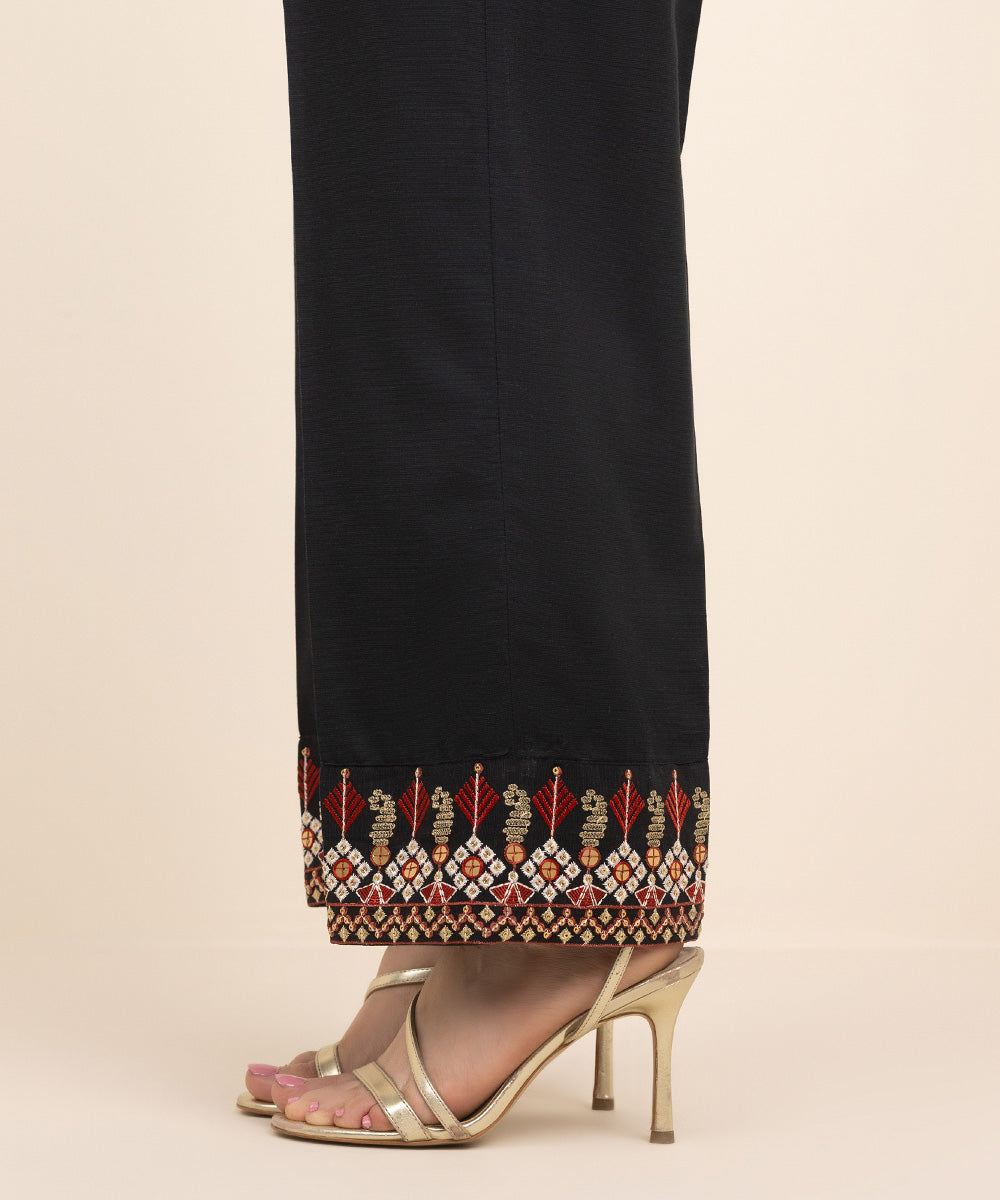 Women's Pret Dull Raw Silk Black Embroidered Straight Pants