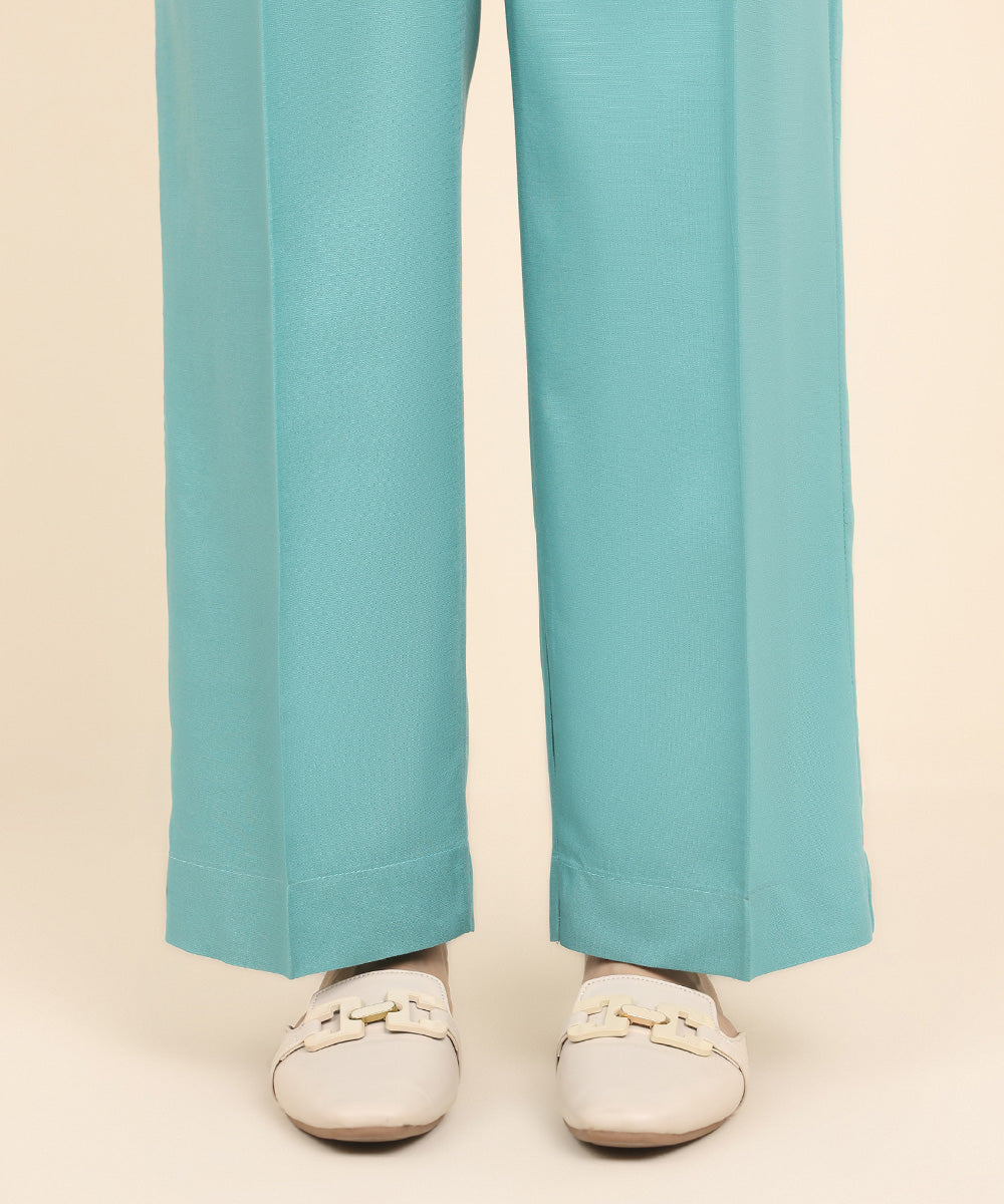 Women's Pret Dull Raw Silk Blue Solid Straight Pants