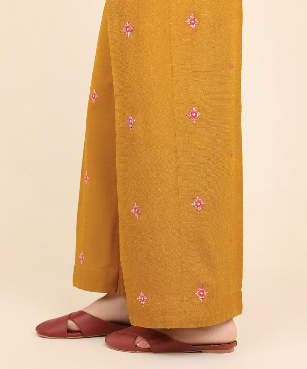 Women's Pret Dull Raw Silk Orange Embroidered Culottes