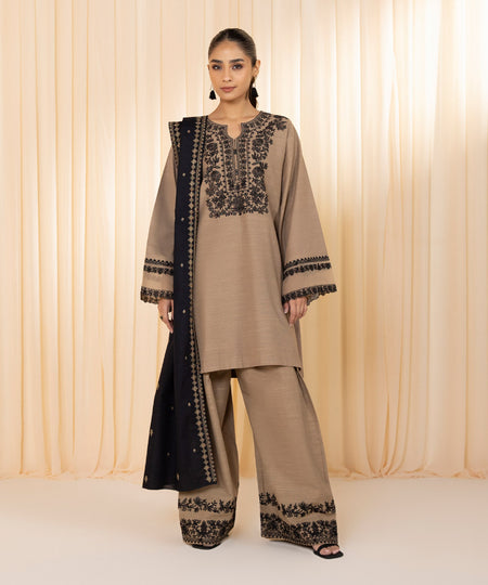 Women's Unstitched Khaddar Beige Embroidered 3 Piece Suit