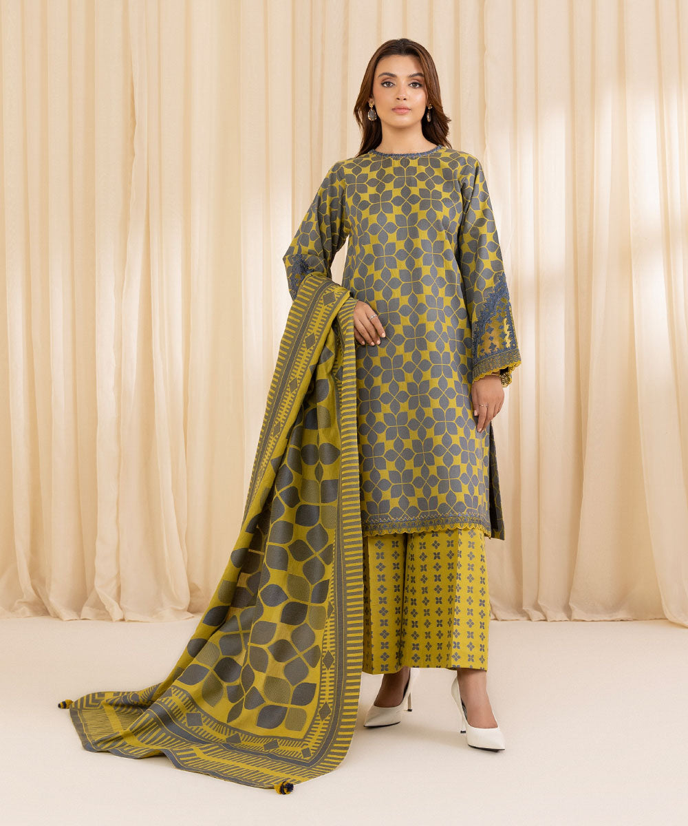 Women's Unstitched Embroidered Yellow Extra Weft Jacquard Three Piece Suit