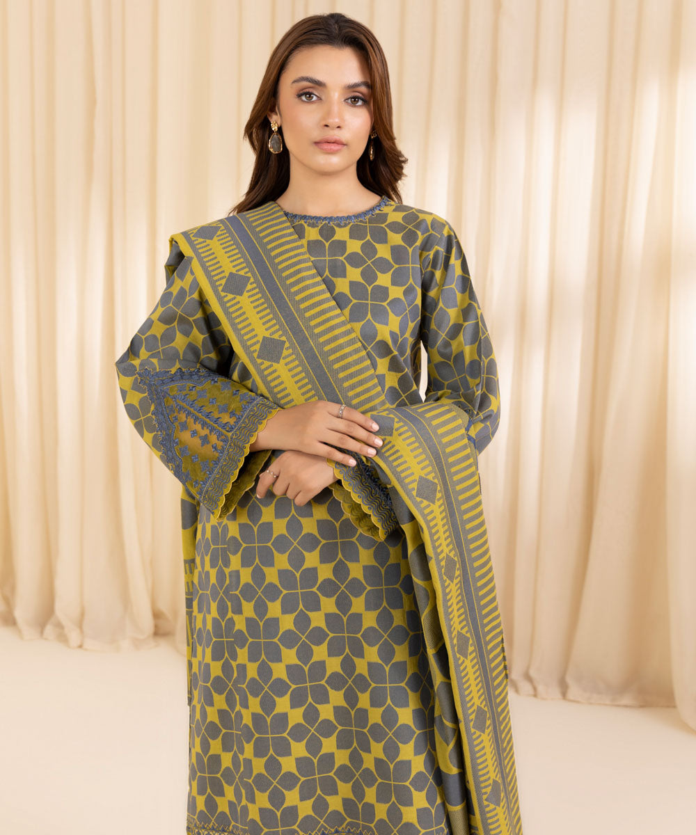 Women's Unstitched Embroidered Yellow Extra Weft Jacquard Three Piece Suit