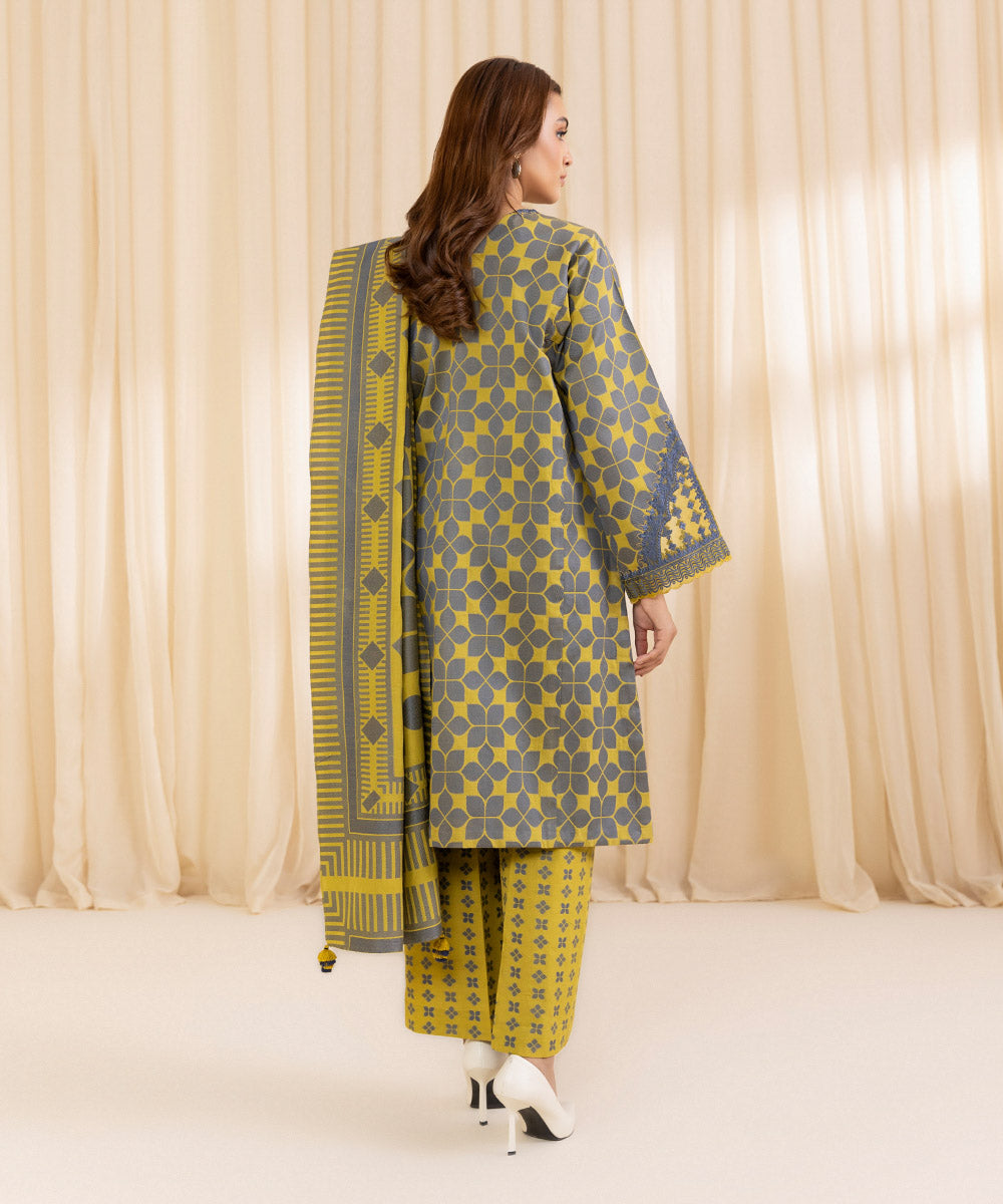 Women's Unstitched Embroidered Yellow Extra Weft Jacquard Three Piece Suit