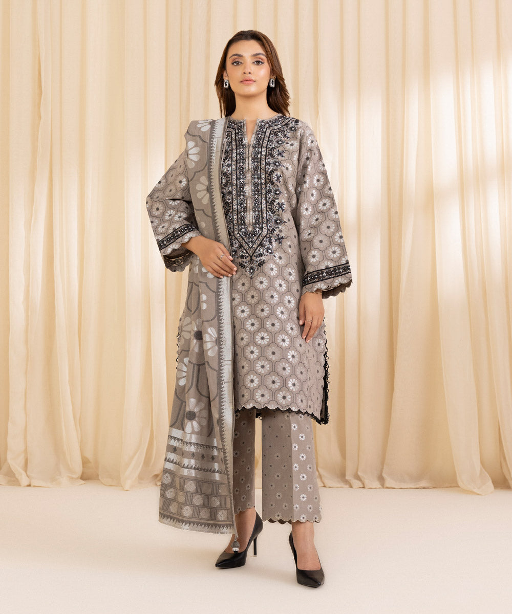 Women's Unstitched Embroidered Light Grey Extra Weft Jacquard Three Piece Suit