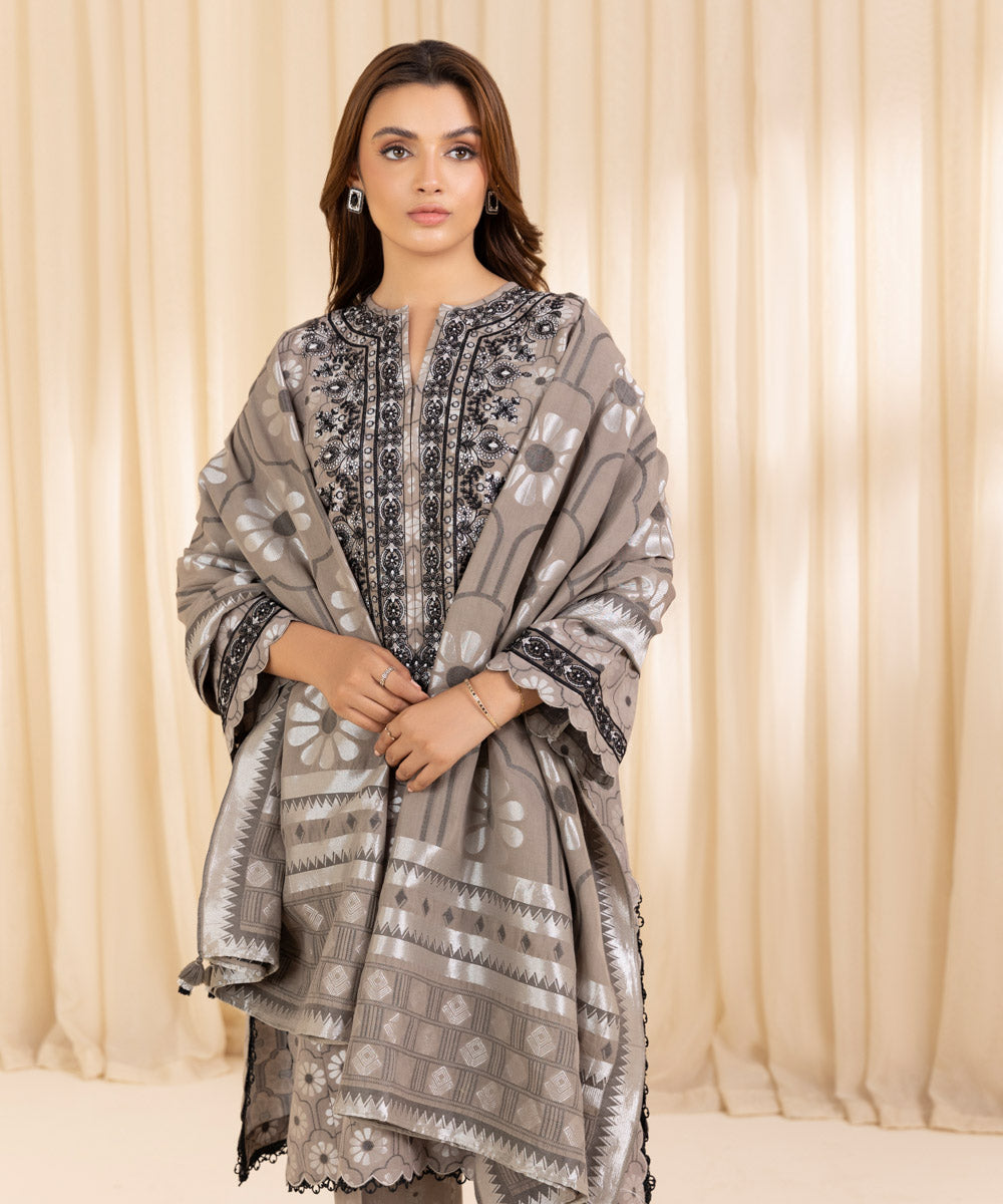 Women's Unstitched Embroidered Light Grey Extra Weft Jacquard Three Piece Suit