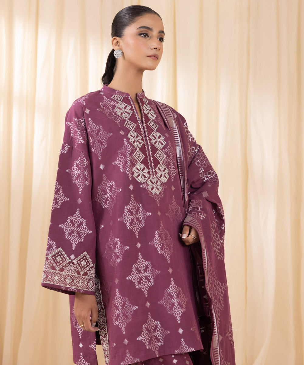 Women's Unstitched Embroidered Plum Extra Weft Jacquard Three Piece Suit