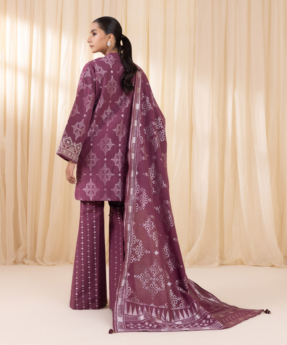 Women's Unstitched Embroidered Plum Extra Weft Jacquard Three Piece Suit