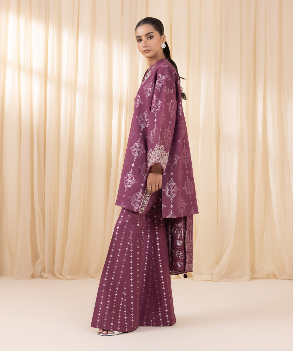 Women's Unstitched Embroidered Plum Extra Weft Jacquard Three Piece Suit