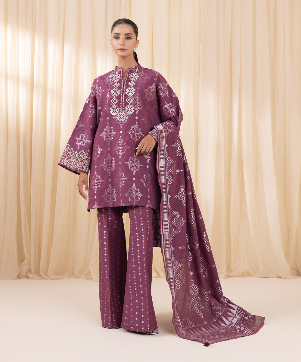 Women's Unstitched Embroidered Plum Extra Weft Jacquard Three Piece Suit