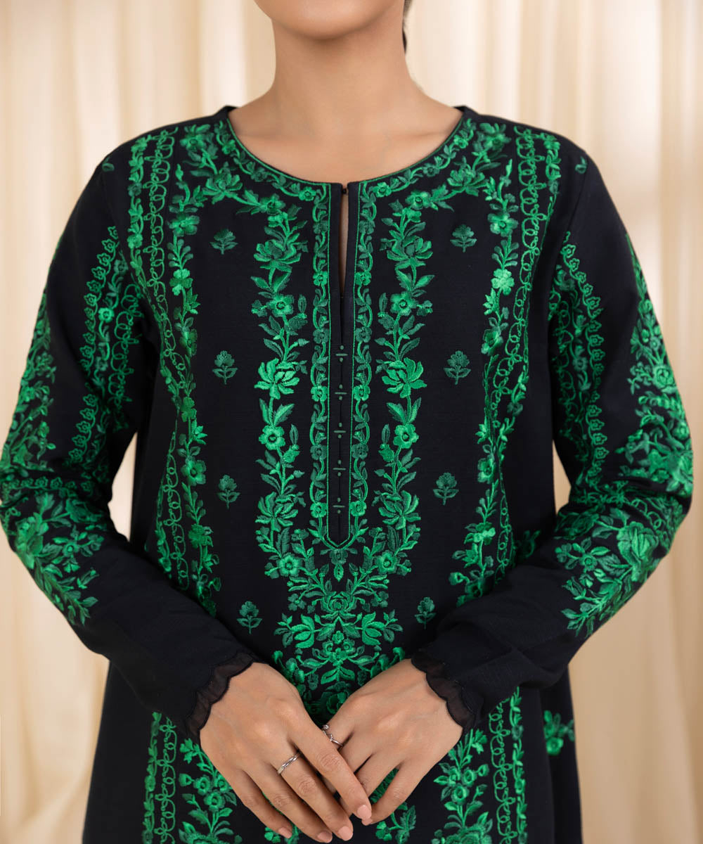 Women's Unstitched Embroidered Green & Black Khaddar Three Piece Suit