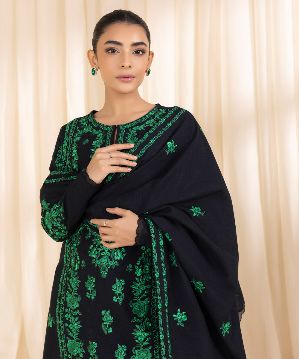 Women's Unstitched Embroidered Green & Black Khaddar Three Piece Suit