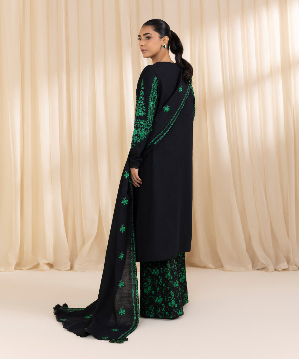 Women's Unstitched Embroidered Green & Black Khaddar Three Piece Suit