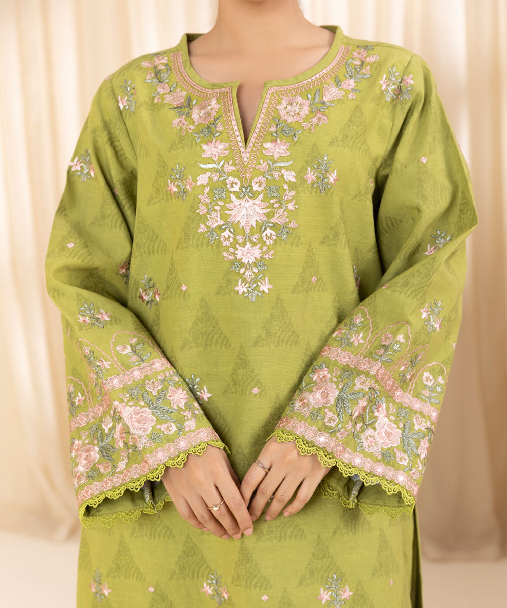 Women's Unstitched Embroidered Lime Green Cotton Jacquard Three Piece Suit