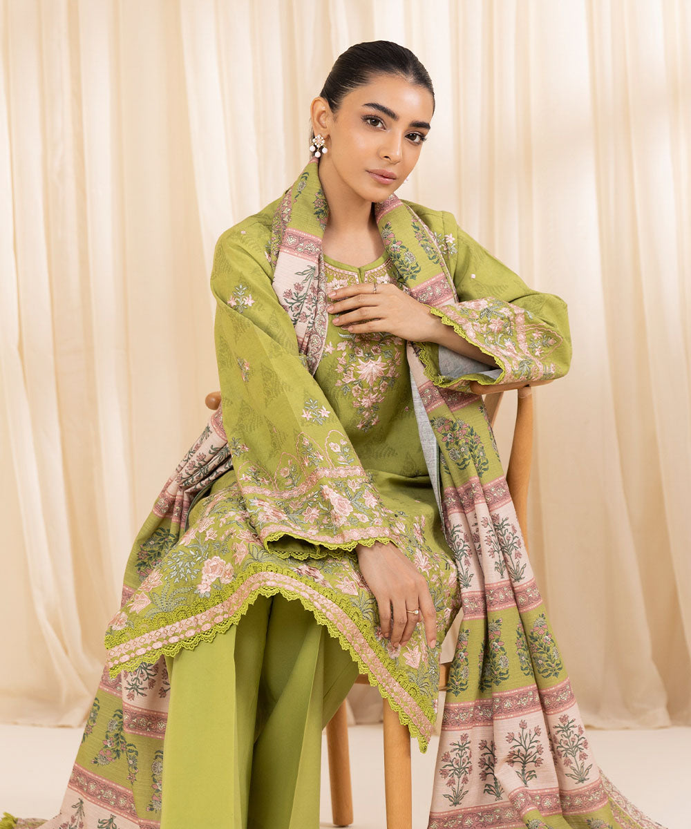 Women's Unstitched Embroidered Lime Green Cotton Jacquard Three Piece Suit