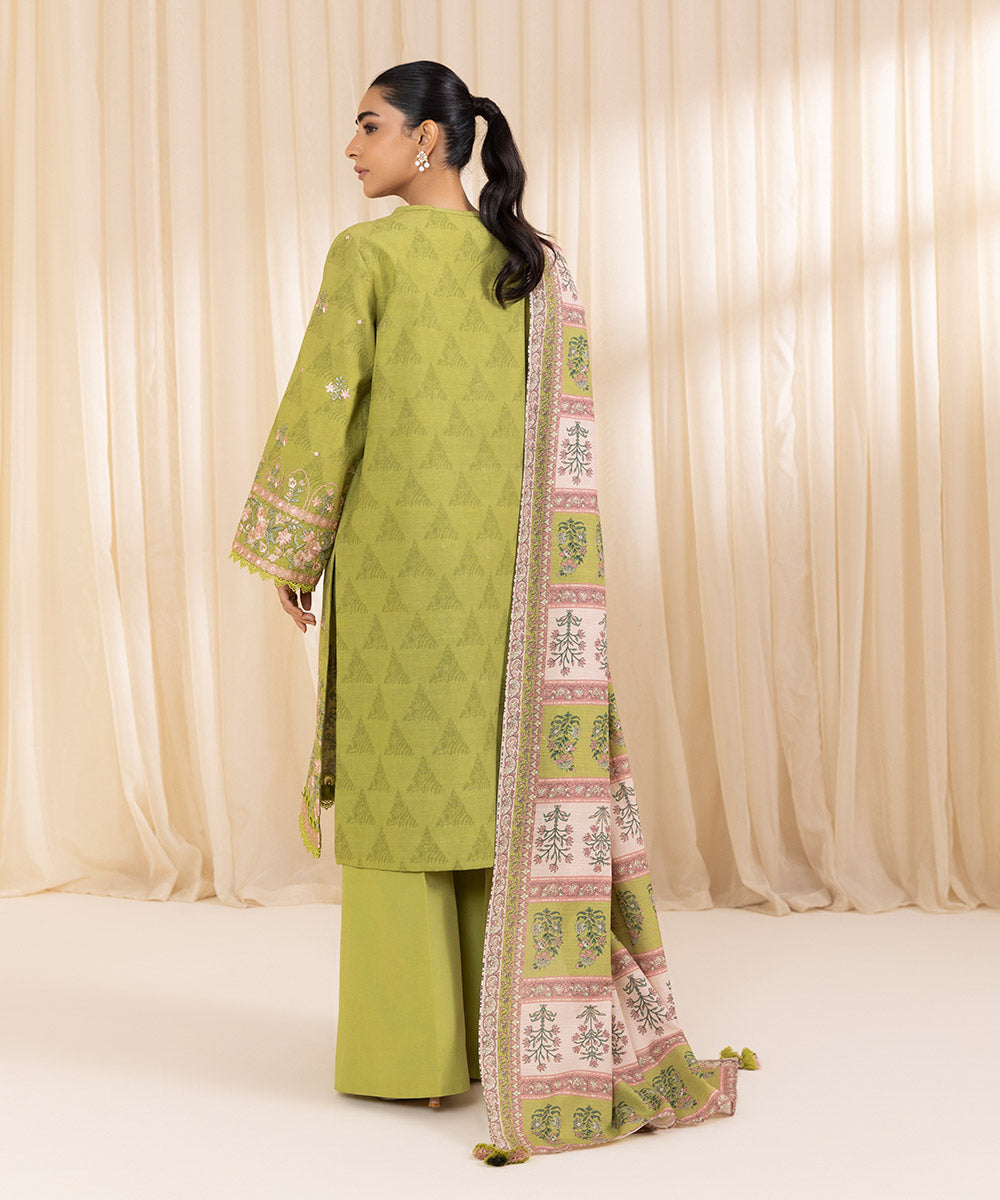 Women's Unstitched Embroidered Lime Green Cotton Jacquard Three Piece Suit