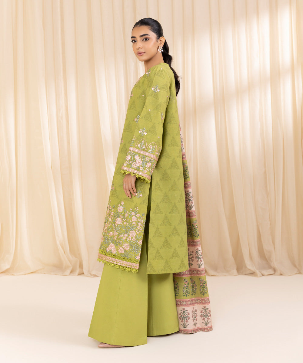 Women's Unstitched Embroidered Lime Green Cotton Jacquard Three Piece Suit