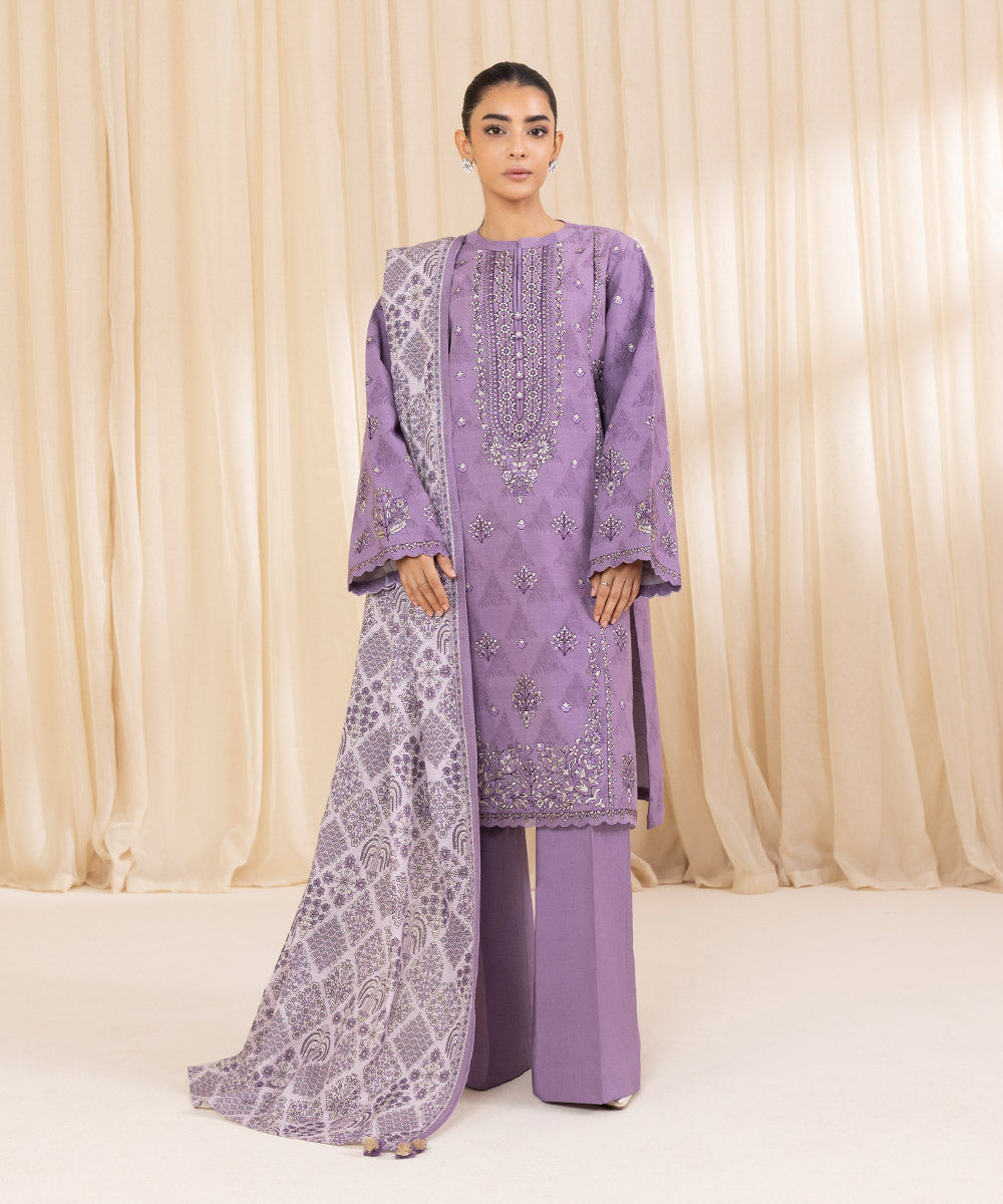 Women's Unstitched Embroidered Light Violet Cotton Jacquard Three Piece Suit