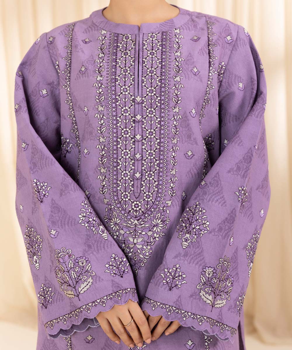 Women's Unstitched Embroidered Light Violet Cotton Jacquard Three Piece Suit