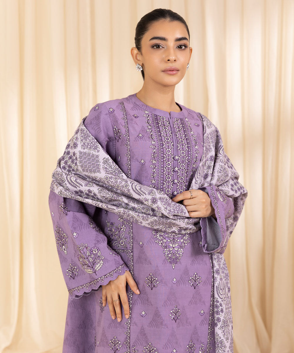 Women's Unstitched Embroidered Light Violet Cotton Jacquard Three Piece Suit