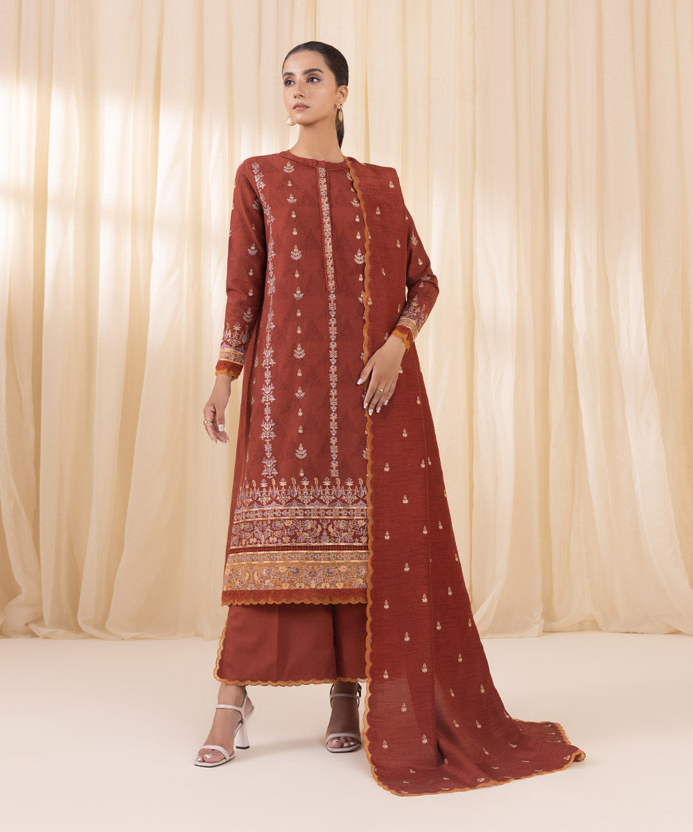 Women's Unstitched Rust Cotton Jacquard Three Piece Suit