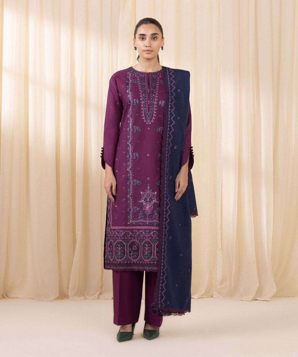 Women's Unstitched Embroidered Magenta Khaddar Three Piece Suit