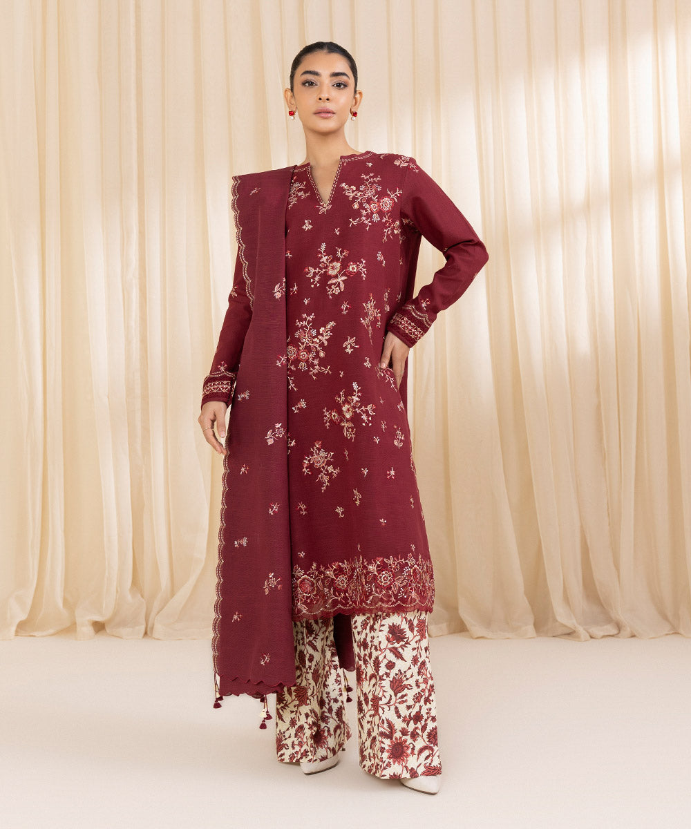 Women's Unstitched Embroidered Red Khaddar Three Piece Suit