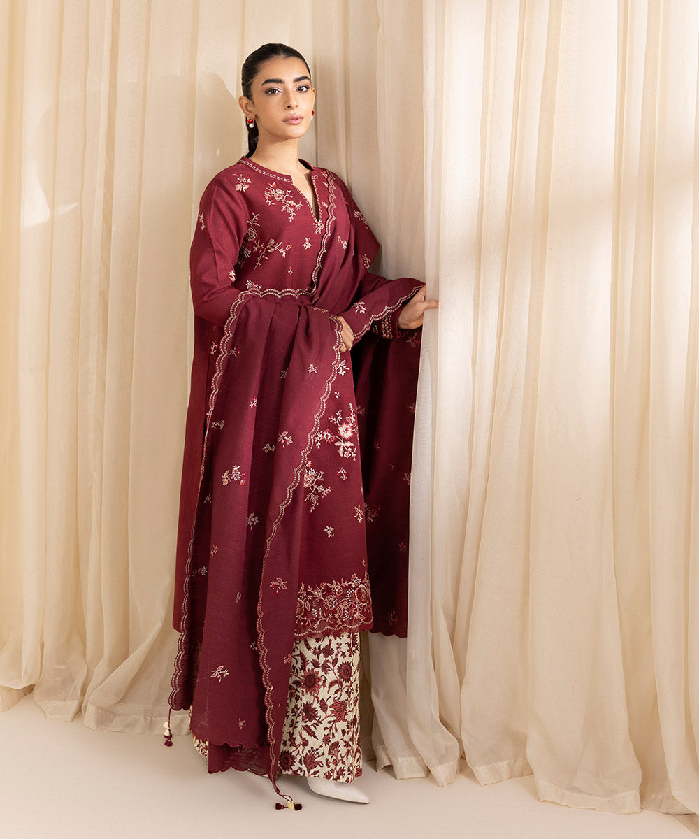 Women's Unstitched Embroidered Red Khaddar Three Piece Suit