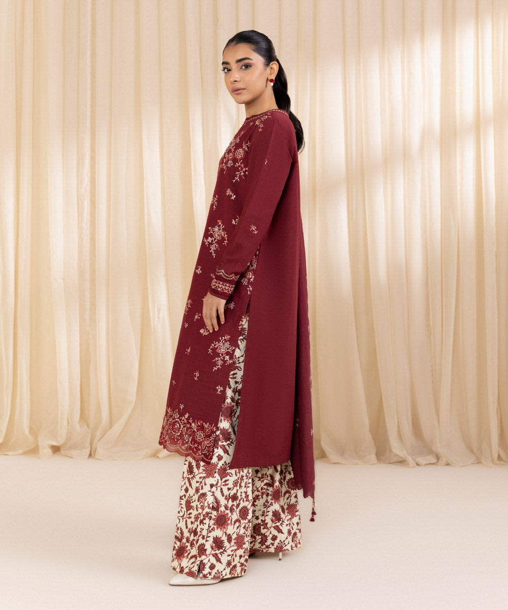 Women's Unstitched Embroidered Red Khaddar Three Piece Suit