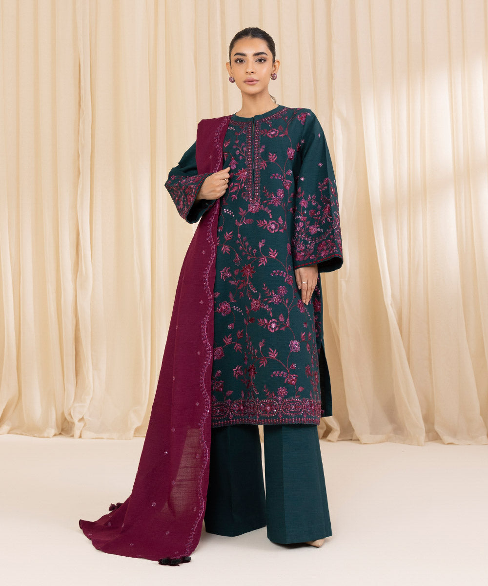 Women's Unstitched Embroidered Emerald Green Khaddar Three Piece Suit