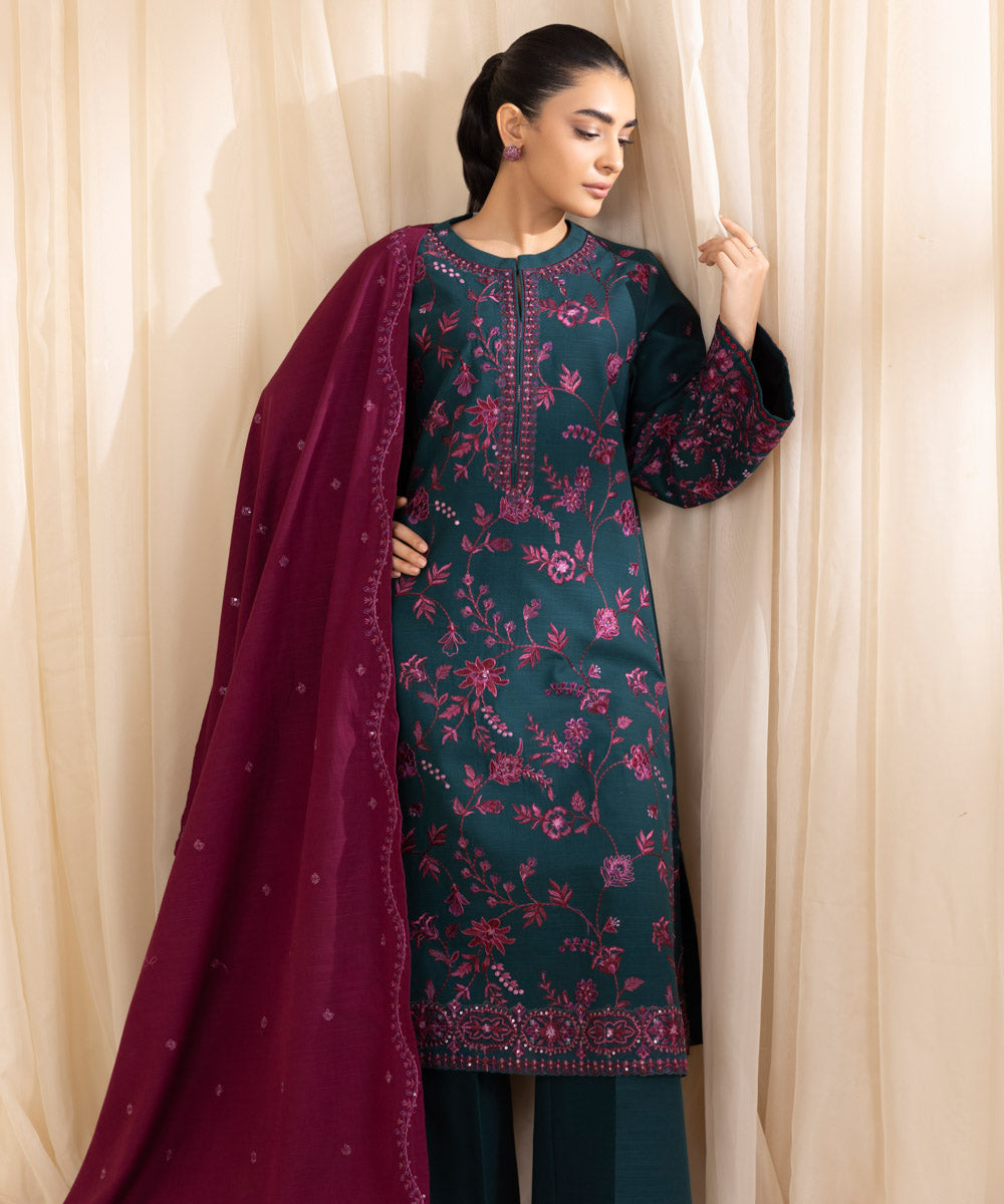 Women's Unstitched Embroidered Emerald Green Khaddar Three Piece Suit